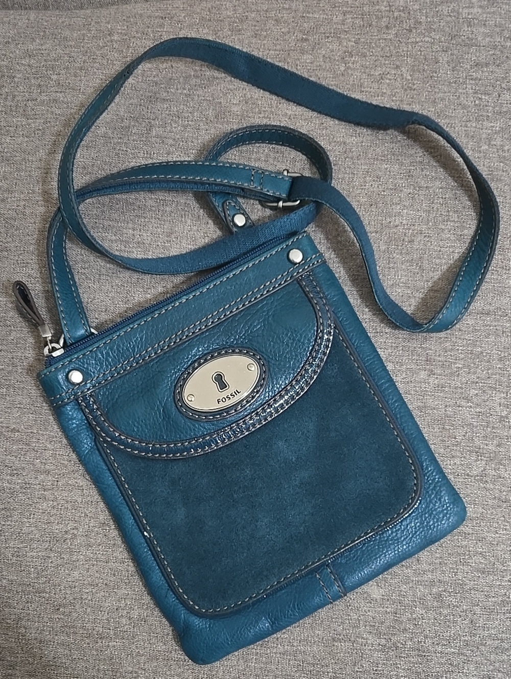 Fossil Teal Leather & Suede Crossbody Bag